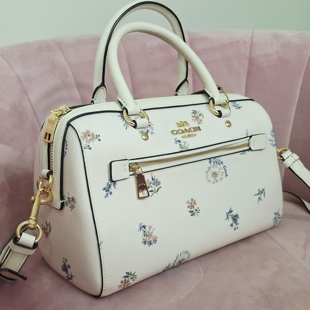 Coach Rowan Satchel White and Blue Wildflower